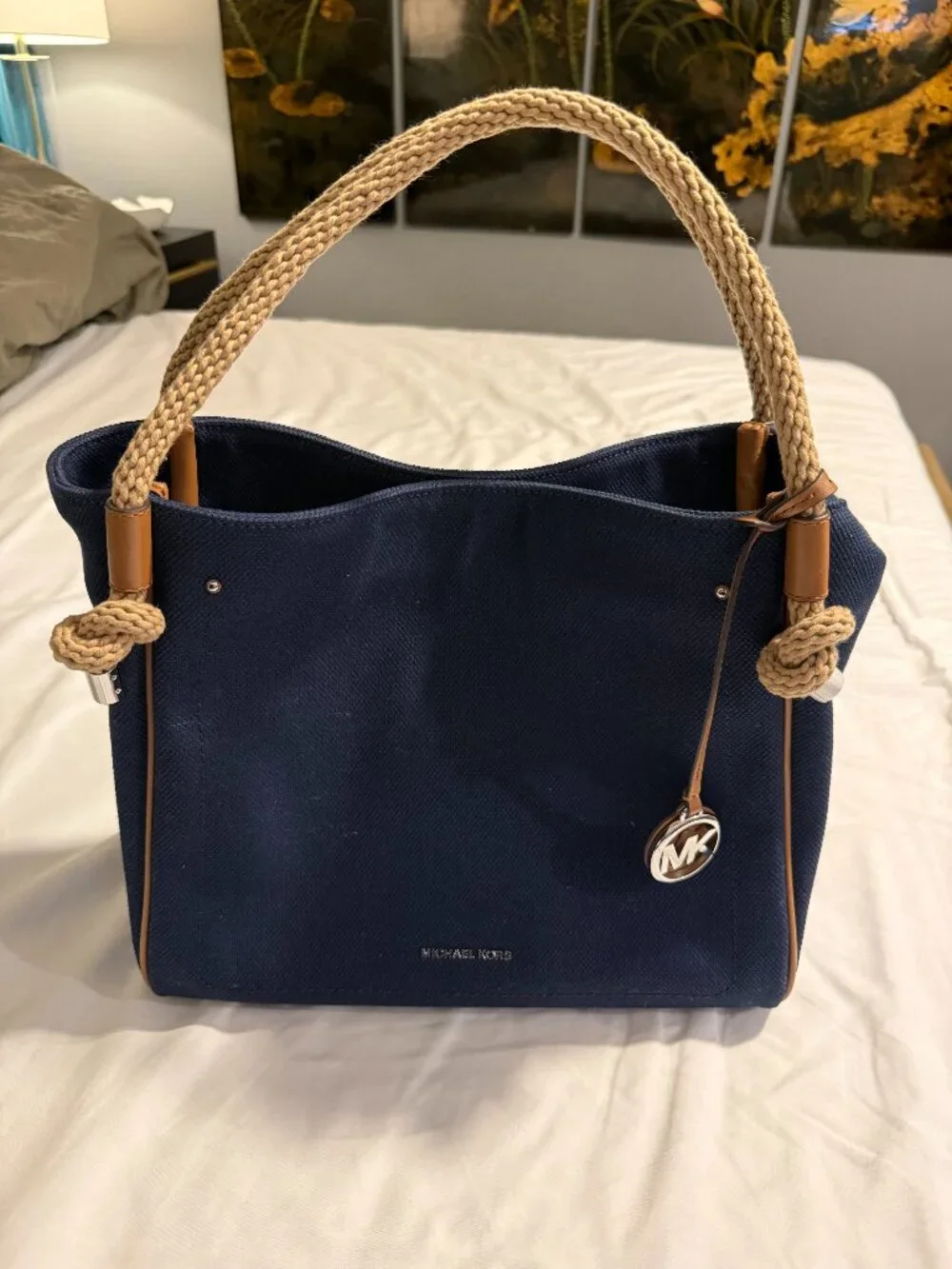 MICHAEL KORS ISLA Canvas Tote NAVY with Rope Handles and MK Charm
